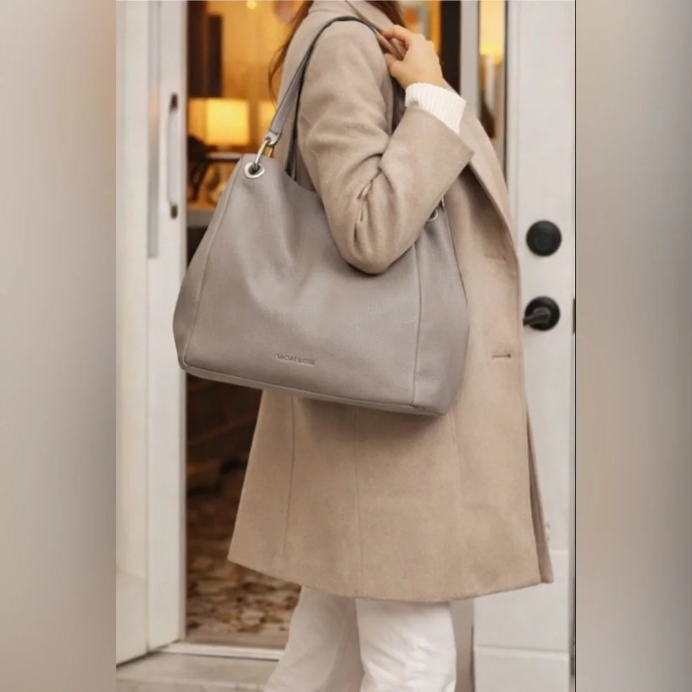 Michael Kors Raven Large Pebbled Leather Shoulder Bag Taupe Silver Hardware